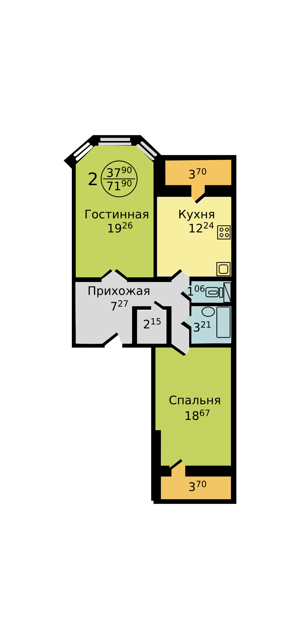 Layout of a 2-room apartment of the «NS-1» series in vector svg form
