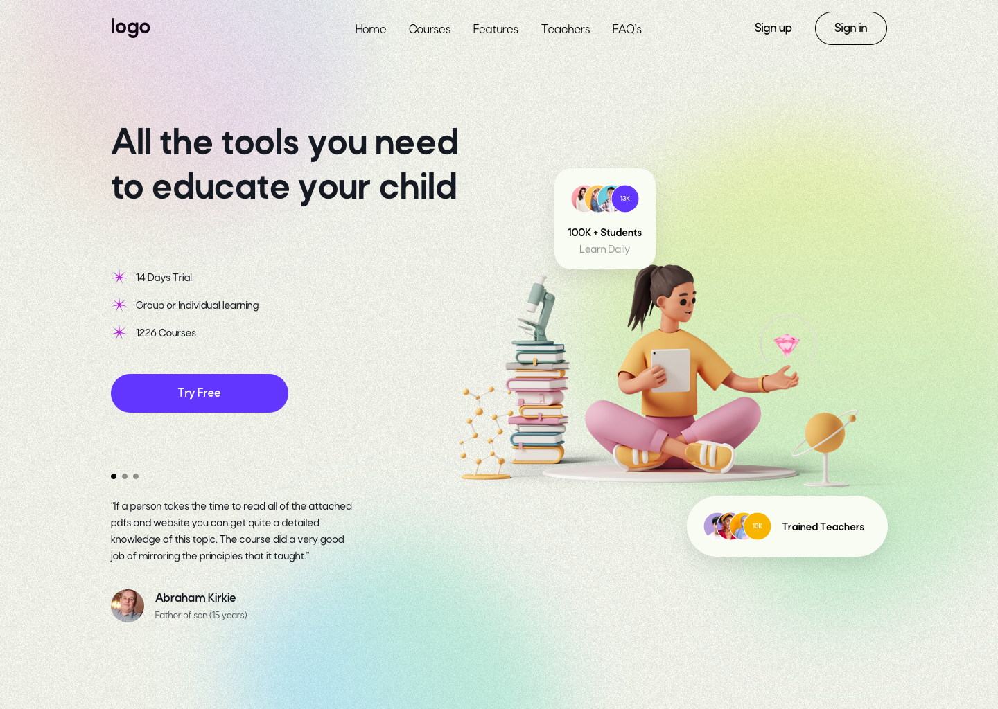 Landing page for Online Education, school for children