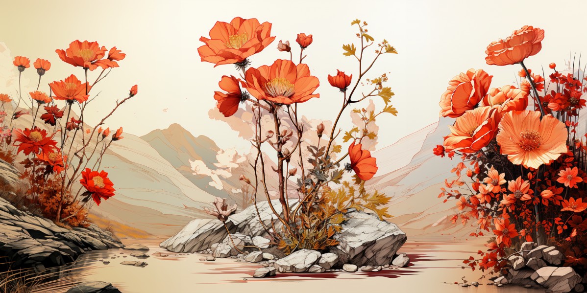 Beautiful landscape with flowers and plants in graphic, hand-drawn sty